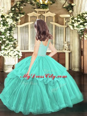 Perfect Ball Gowns Pageant Gowns For Girls Turquoise Straps Organza Sleeveless Floor Length Zipper