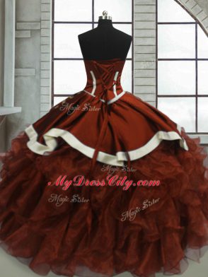 High End Rust Red Organza Lace Up Quinceanera Gown Sleeveless Floor Length Beading and Ruffles