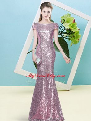 Decent Floor Length Pink Homecoming Dress Scoop Cap Sleeves Zipper