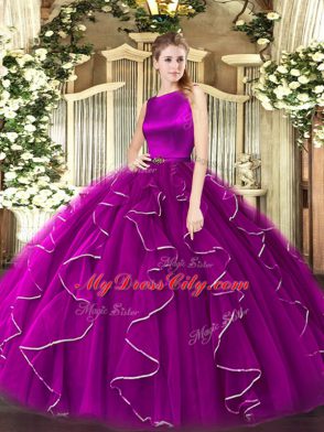 Fuchsia Scoop Neckline Ruffles Quince Ball Gowns Sleeveless Clasp Handle