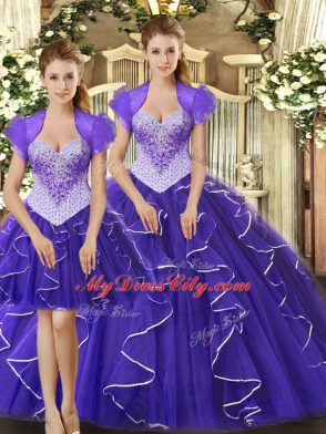 Purple Ball Gowns Straps Sleeveless Tulle Floor Length Lace Up Beading and Ruffles Ball Gown Prom Dress