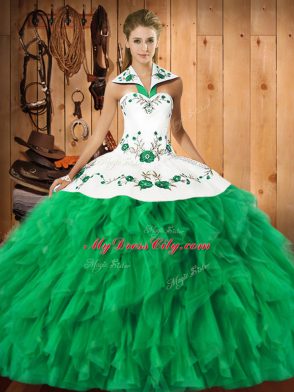 Trendy Green Lace Up Halter Top Embroidery and Ruffles Sweet 16 Quinceanera Dress Satin and Organza Sleeveless