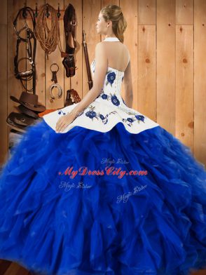 Trendy Green Lace Up Halter Top Embroidery and Ruffles Sweet 16 Quinceanera Dress Satin and Organza Sleeveless