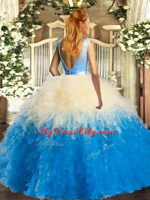 Multi-color Ball Gowns Organza Scoop Sleeveless Lace and Ruffles Floor Length Backless Quince Ball Gowns