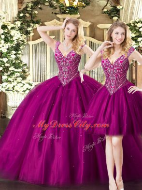 Fashion Fuchsia Tulle Lace Up V-neck Sleeveless Floor Length Sweet 16 Quinceanera Dress Beading