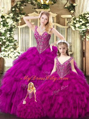 Fantastic Sleeveless Tulle Floor Length Lace Up Vestidos de Quinceanera in Fuchsia with Beading and Ruffles