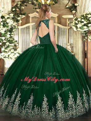 Green Ball Gowns Tulle V-neck Sleeveless Beading and Appliques Floor Length Zipper Quinceanera Dresses