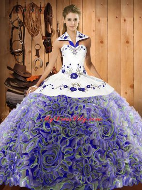 Best Selling Multi-color Ball Gowns Halter Top Sleeveless Fabric With Rolling Flowers Sweep Train Lace Up Embroidery Quinceanera Dress