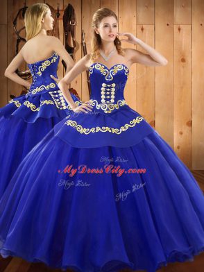 Luxurious Blue Tulle Lace Up Quinceanera Gowns Sleeveless Floor Length Embroidery