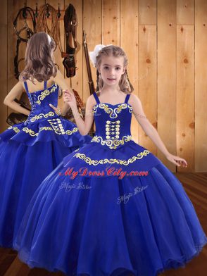 Luxurious Blue Tulle Lace Up Quinceanera Gowns Sleeveless Floor Length Embroidery