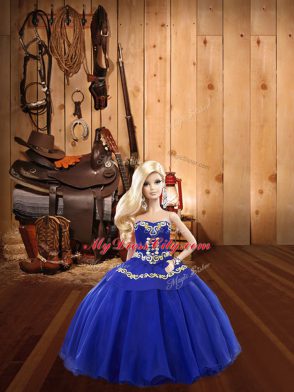 Luxurious Blue Tulle Lace Up Quinceanera Gowns Sleeveless Floor Length Embroidery