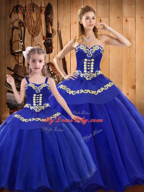 Luxurious Blue Tulle Lace Up Quinceanera Gowns Sleeveless Floor Length Embroidery