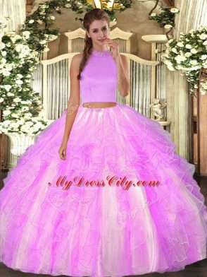 Decent Lilac Organza Backless Halter Top Sleeveless Floor Length Sweet 16 Dress Beading and Ruffles