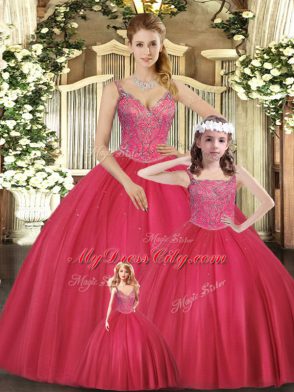 Beauteous Hot Pink Ball Gowns Beading Quinceanera Gowns Lace Up Tulle Sleeveless Floor Length