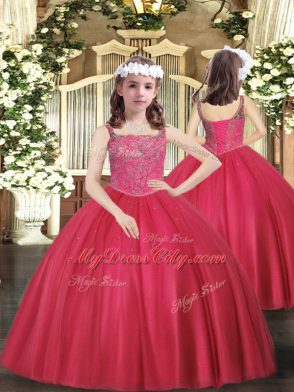 Beauteous Hot Pink Ball Gowns Beading Quinceanera Gowns Lace Up Tulle Sleeveless Floor Length