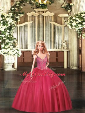 Beauteous Hot Pink Ball Gowns Beading Quinceanera Gowns Lace Up Tulle Sleeveless Floor Length