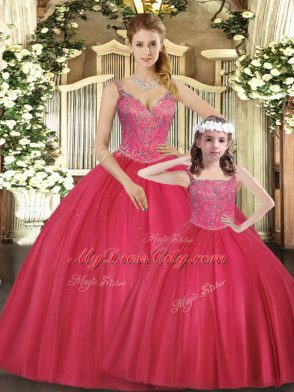 Beauteous Hot Pink Ball Gowns Beading Quinceanera Gowns Lace Up Tulle Sleeveless Floor Length