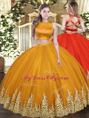 Orange Sleeveless Appliques Floor Length Sweet 16 Quinceanera Dress