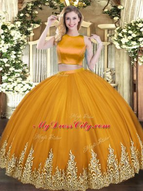 Orange Sleeveless Appliques Floor Length Sweet 16 Quinceanera Dress