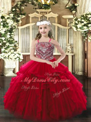 Wine Red Ball Gowns Straps Sleeveless Organza Floor Length Lace Up Beading and Ruffles Pageant Gowns For Girls