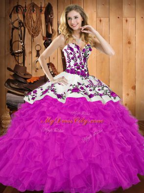 Nice Fuchsia Lace Up Sweet 16 Dresses Embroidery and Ruffles Sleeveless Floor Length