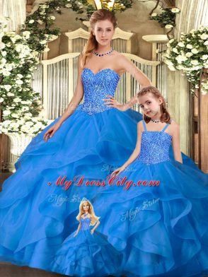 Floor Length Blue Ball Gown Prom Dress Sweetheart Sleeveless Lace Up