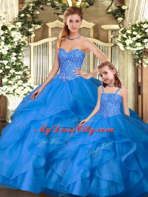 Floor Length Blue Ball Gown Prom Dress Sweetheart Sleeveless Lace Up