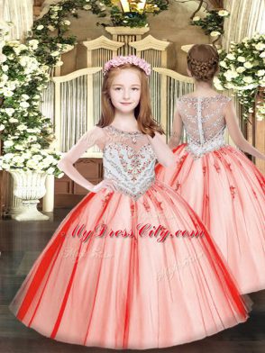 Red Ball Gowns Tulle Scoop Sleeveless Beading Floor Length Lace Up Quince Ball Gowns