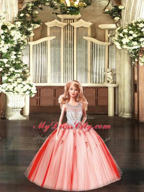 Red Ball Gowns Tulle Scoop Sleeveless Beading Floor Length Lace Up Quince Ball Gowns