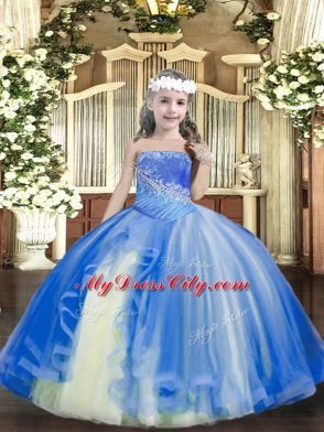 Sleeveless Tulle Floor Length Lace Up Little Girl Pageant Gowns in Baby Blue with Beading