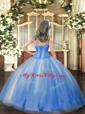 Sleeveless Tulle Floor Length Lace Up Little Girl Pageant Gowns in Baby Blue with Beading