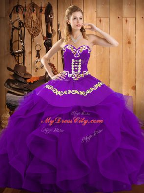 Wonderful Purple Sweetheart Neckline Embroidery and Ruffles Sweet 16 Dresses Sleeveless Lace Up