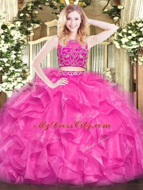 Stylish Hot Pink Two Pieces Beading and Ruffles Quinceanera Gowns Zipper Tulle Sleeveless Floor Length