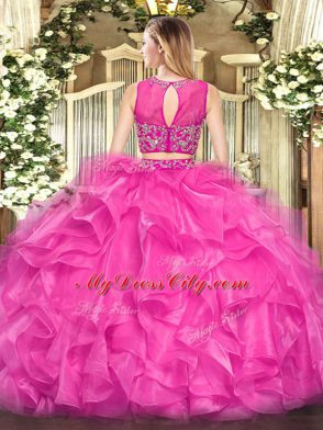 Stylish Hot Pink Two Pieces Beading and Ruffles Quinceanera Gowns Zipper Tulle Sleeveless Floor Length