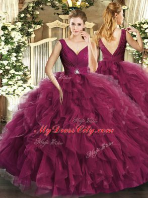 Romantic Burgundy Tulle Backless V-neck Sleeveless Floor Length Ball Gown Prom Dress Beading and Ruffles