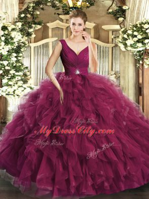 Romantic Burgundy Tulle Backless V-neck Sleeveless Floor Length Ball Gown Prom Dress Beading and Ruffles