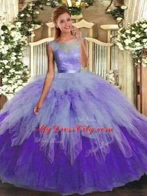 Multi-color Ball Gowns Organza Scoop Sleeveless Beading and Ruffles Floor Length Backless Quinceanera Dresses