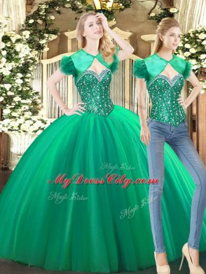 Green Tulle Lace Up Sweetheart Sleeveless Floor Length Quinceanera Gown Beading