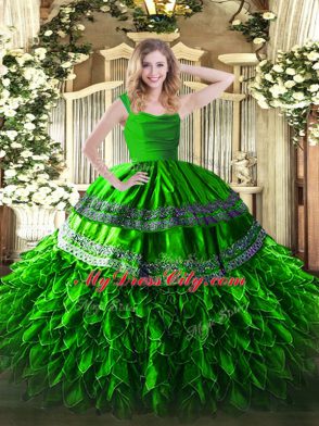 Green Zipper Quinceanera Dress Appliques and Ruffles Sleeveless Floor Length