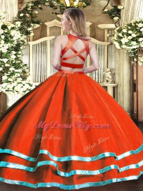 Custom Made Rust Red Two Pieces High-neck Sleeveless Tulle Floor Length Criss Cross Ruching Quinceanera Dress