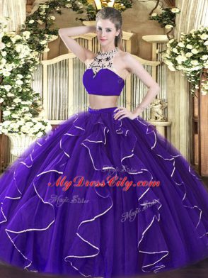 Purple Two Pieces High-neck Sleeveless Tulle Floor Length Backless Beading and Ruffles Quinceanera Dress