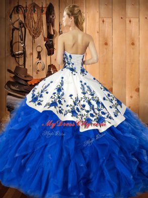 Floor Length Gold Vestidos de Quinceanera Satin and Organza Sleeveless Embroidery and Ruffles