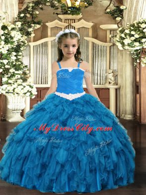 Blue Organza Lace Up Kids Formal Wear Sleeveless Floor Length Appliques and Ruffles