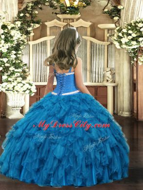 Blue Organza Lace Up Kids Formal Wear Sleeveless Floor Length Appliques and Ruffles