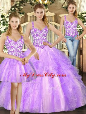 Straps Sleeveless Organza Ball Gown Prom Dress Beading and Ruffles Lace Up