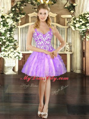 Straps Sleeveless Organza Ball Gown Prom Dress Beading and Ruffles Lace Up