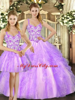 Straps Sleeveless Organza Ball Gown Prom Dress Beading and Ruffles Lace Up