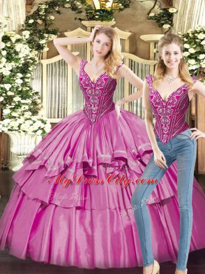 V-neck Sleeveless Quinceanera Dress Floor Length Beading and Ruffled Layers Fuchsia Organza