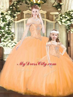 Floor Length Orange Sweet 16 Dresses Tulle Sleeveless Beading