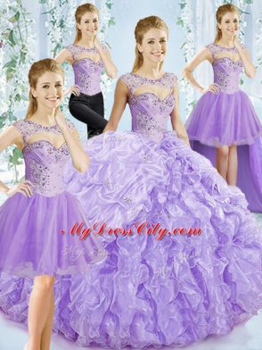 Charming Lavender Organza Lace Up Sweet 16 Dress Sleeveless Brush Train Beading and Ruffled Layers